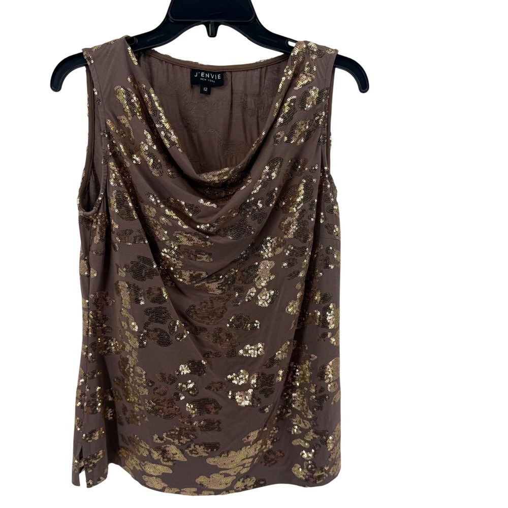 J'Envie New York Sequin Sleeveless Tank‎ Top Brown Gold Party Size 12 Leopard